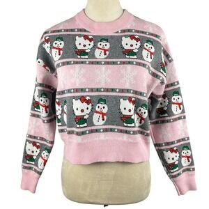 Hello Kitty Aeropostale Pink Snowman Fair Isle Knit Cropped Sweater Junior Small